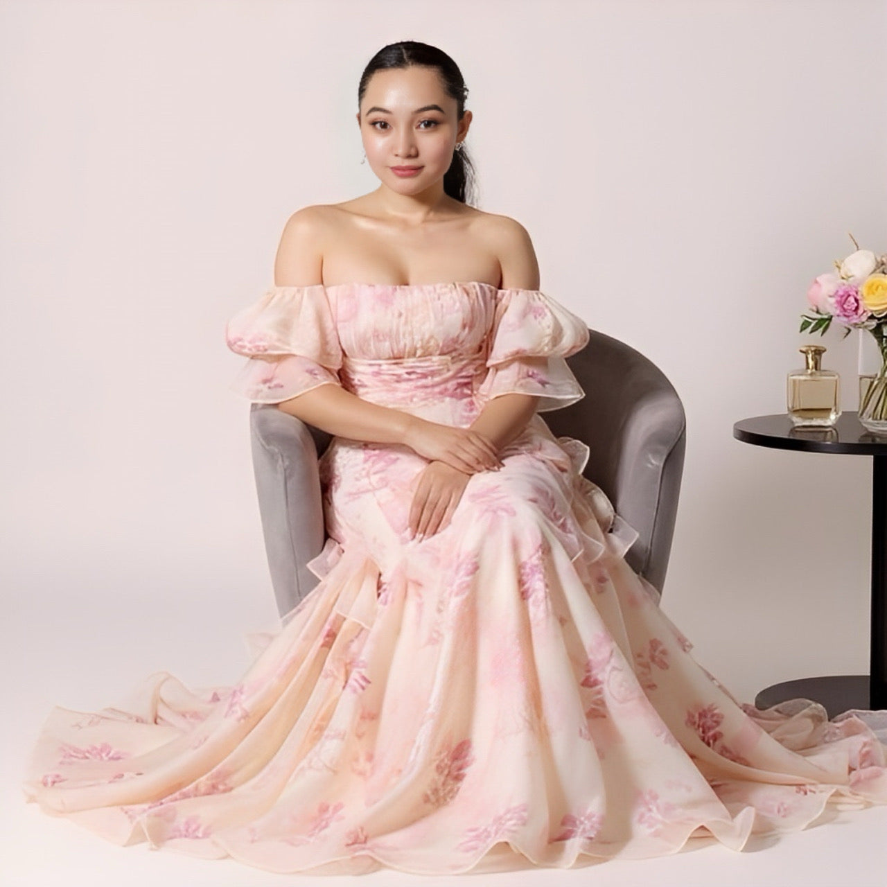 Off-Shoulder Ruffle Sleeve Floral